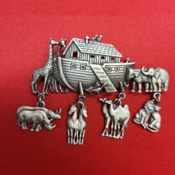 Vintage JJ Signed Brooch Pin Pewter Noahs Ark Dangling Animals Pairs Charms - Picture 5 of 12